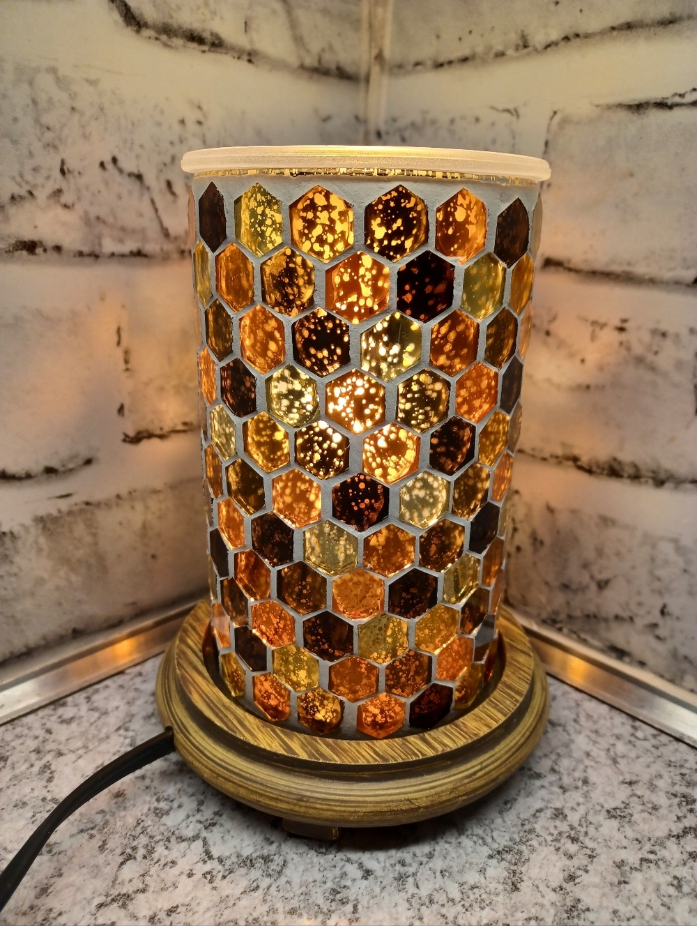 Brown Toned Mosaic Simmering Lights Wax Warmer Pink Zebra Woodgrain Base